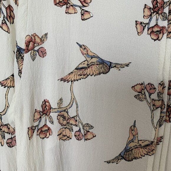 Pale Sky Top Blouse Women XS Hummingbird Floral Tunic Rayon Long Sleeve - Picture 5 of 12